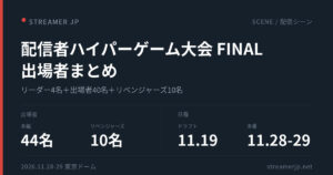 配信者ハイパーゲーム大会FINALの出場者まとめ。本編44名、リベンジャーズ10名、ドラフトは11月19日、本番は11月28日と29日